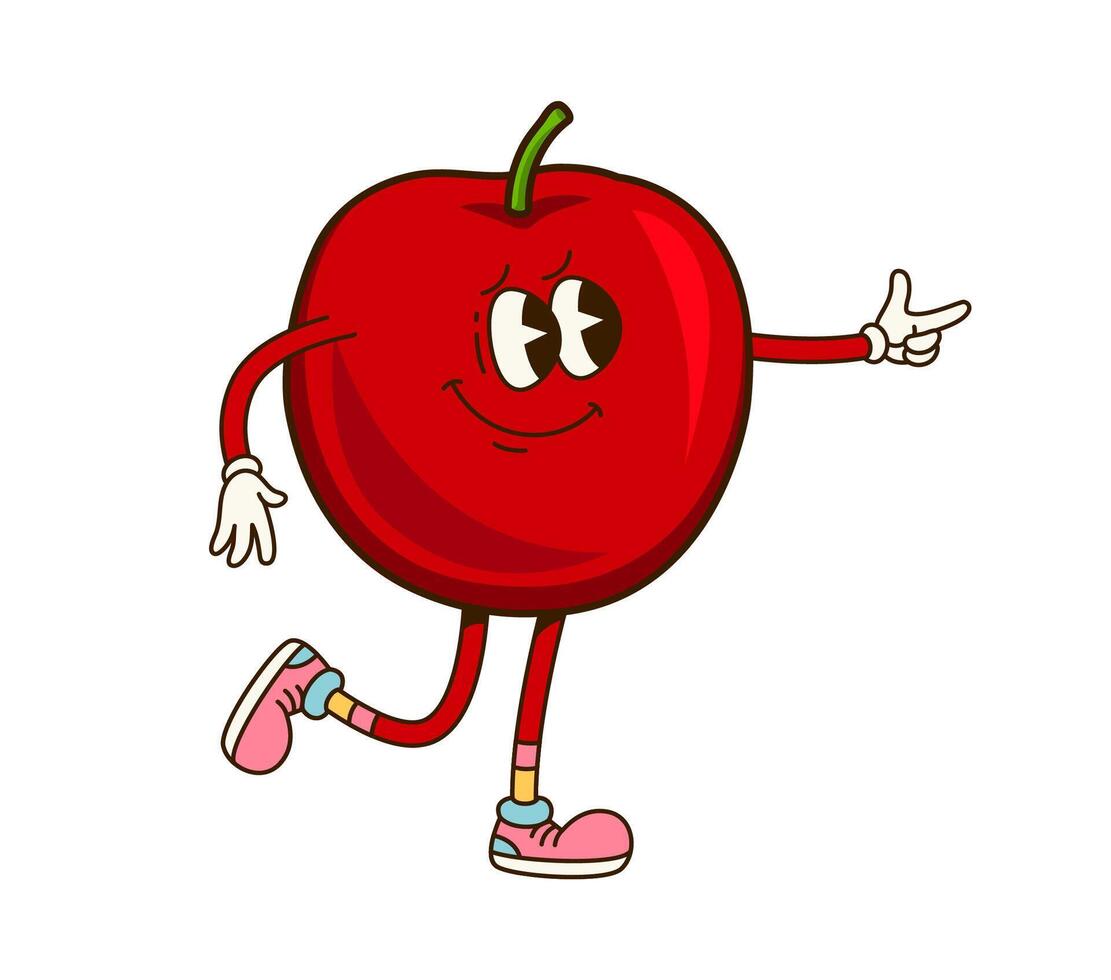 Groovy apple fruit character in retro cartoon vector