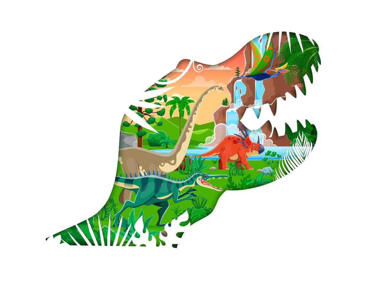 Paper cut dinosaur head silhouette prehistoric era vector