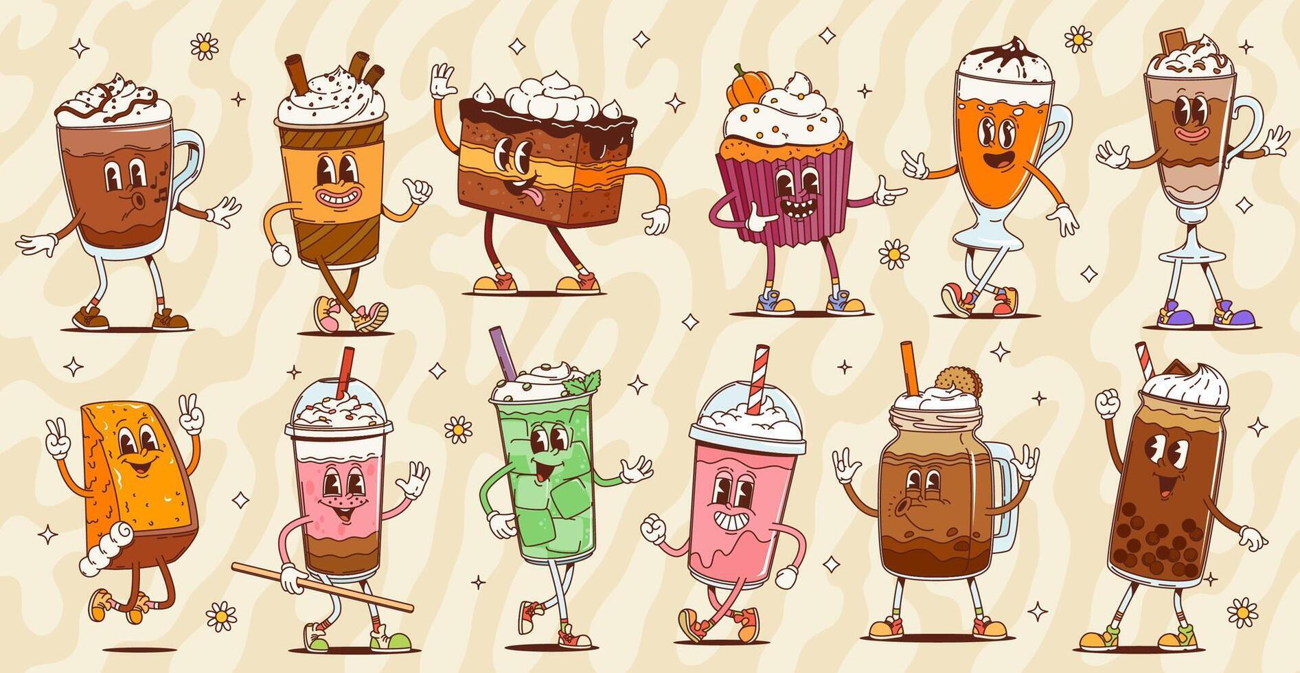 Retro groovy dessert characters, set vector