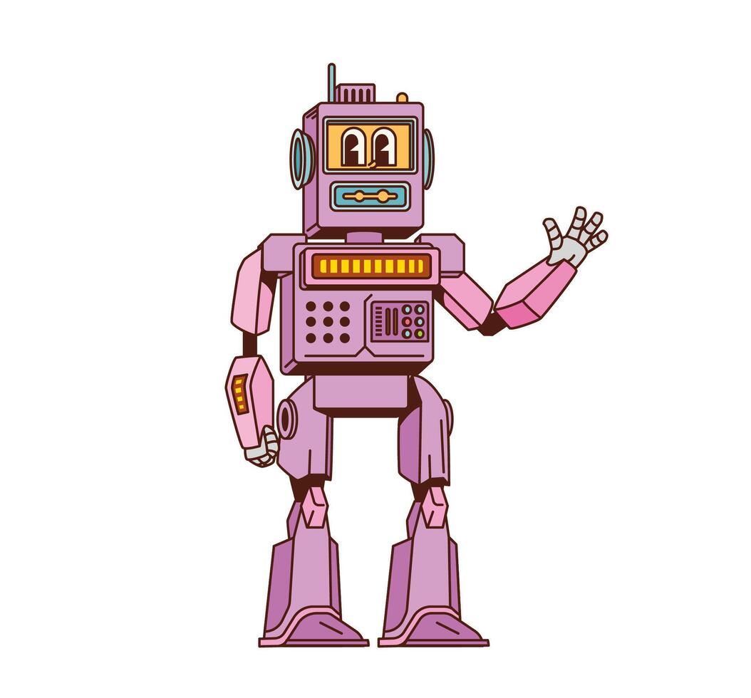 Cartoon retro groovy robot character with antenna vector