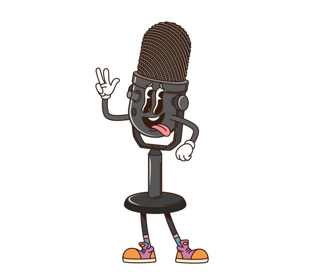 Cartoon groovy microph retro vintage character vector