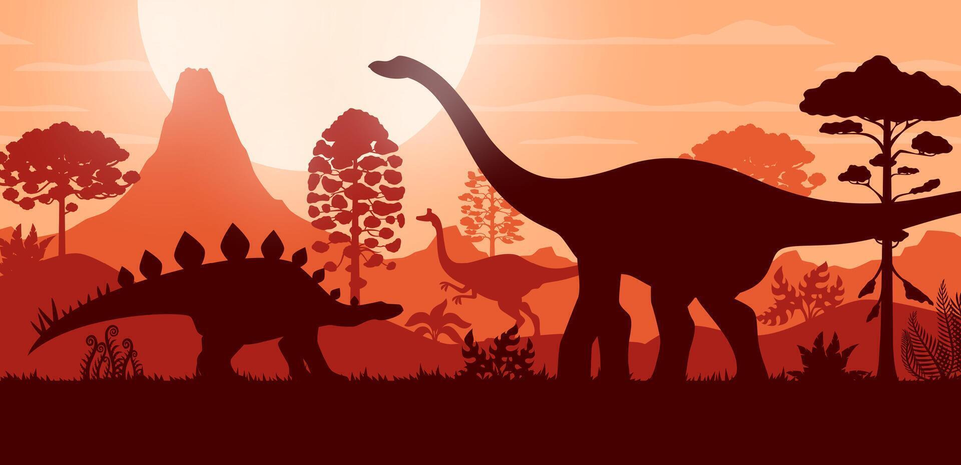 Dinosaurs silhouettes, prehistoric forest trees vector