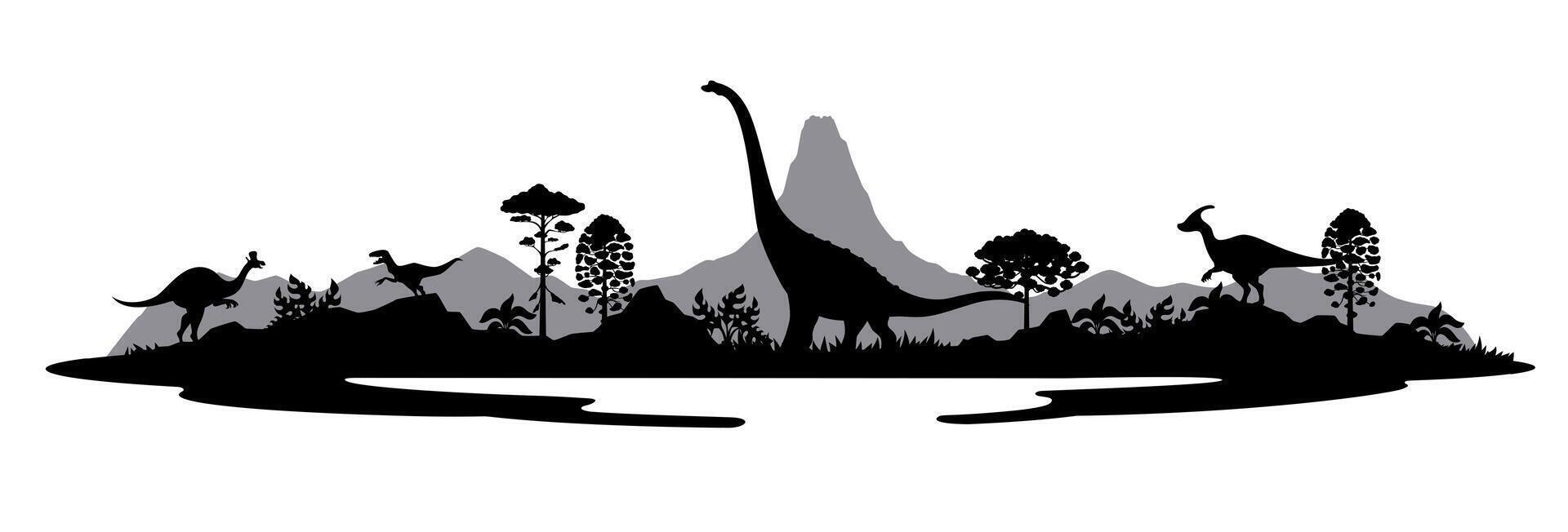 Prehistoric dinosaurs and plants silhouettes vector