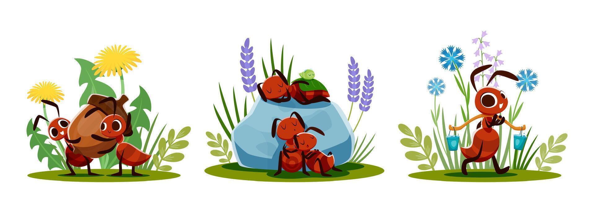 Cartoon ant characters sleeping, carrying water vector