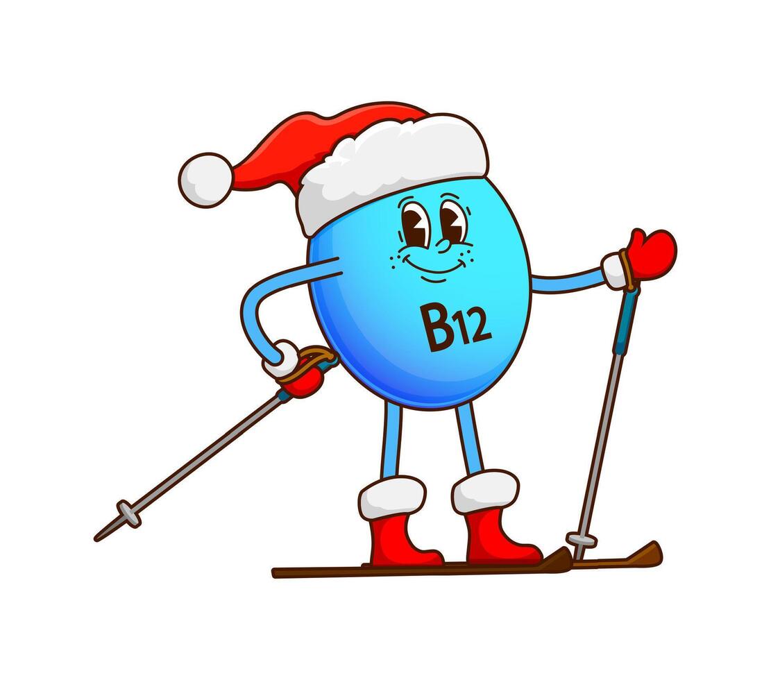 Christmas groovy vitamin B12 character on ski vector