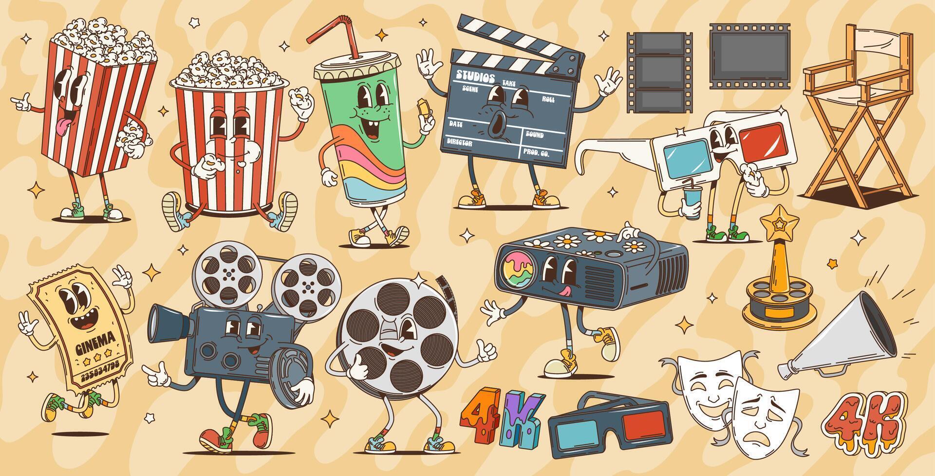 Cartoon retro groovy movie cinema characters vector