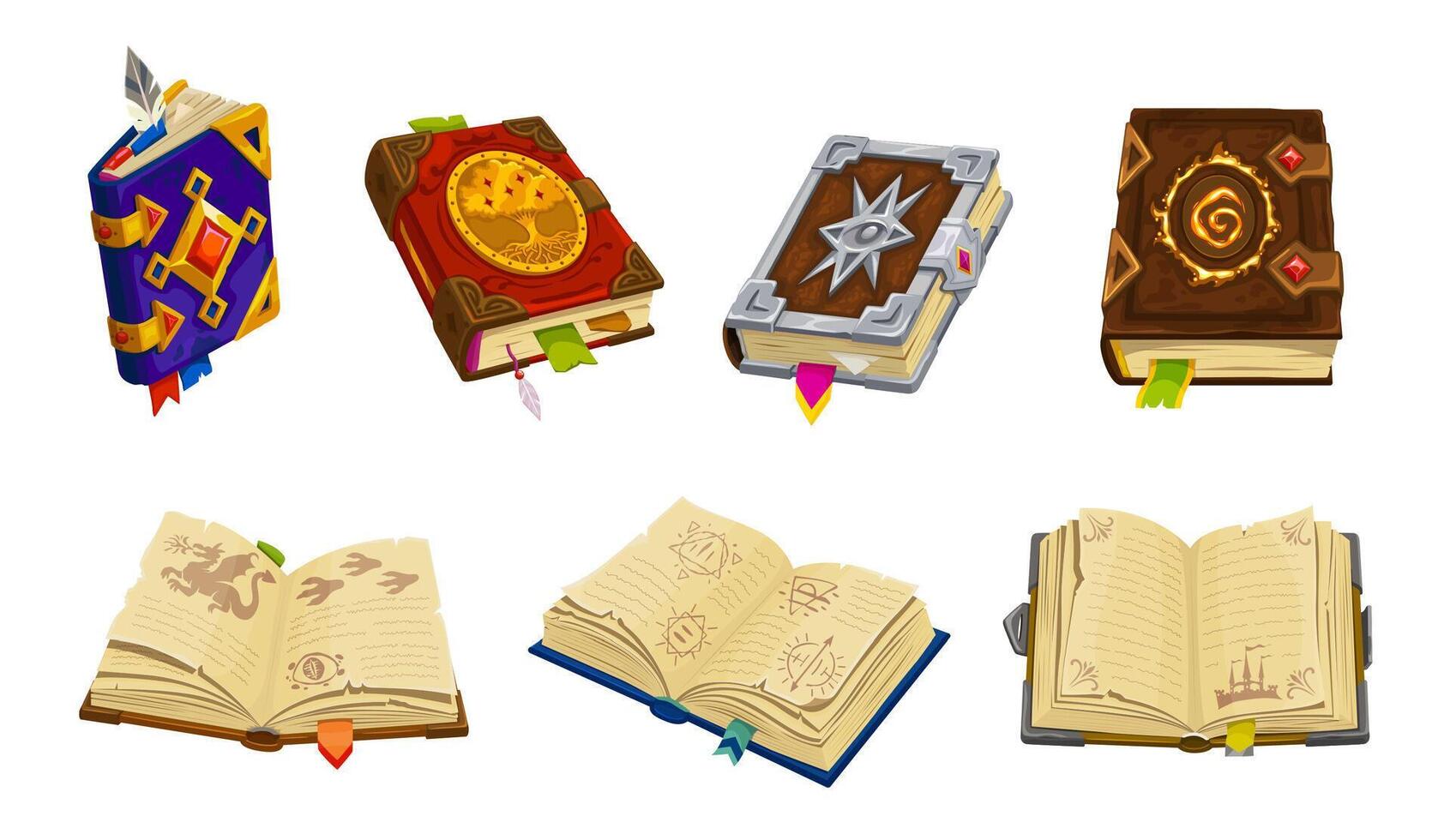 Medieval book game asset icons, magic spellbooks vector