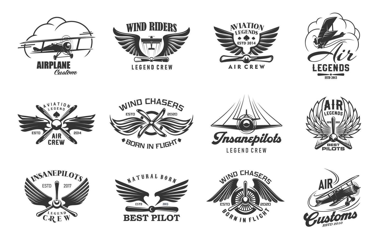Airplane and aircraft icons, retro biplanes, wings vector