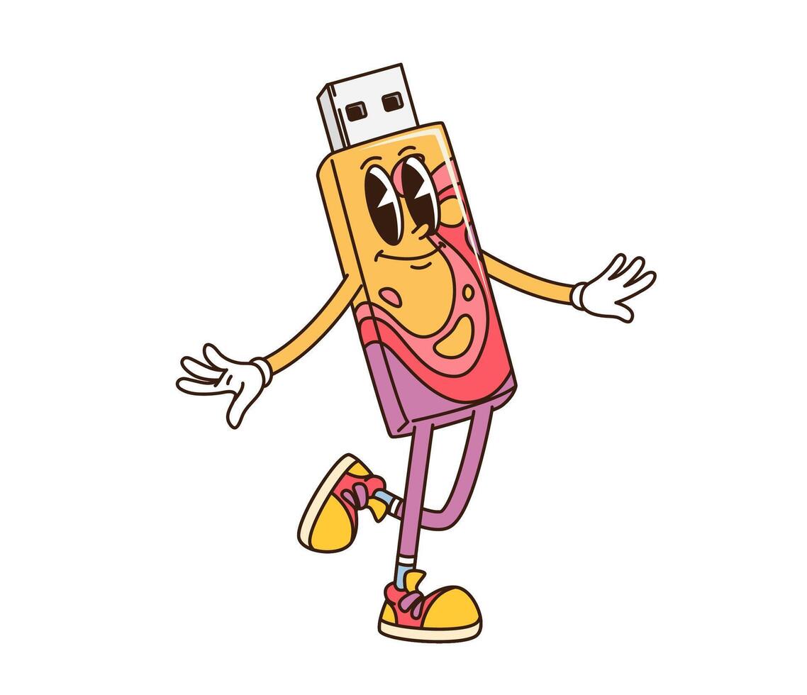 Cartoon groovy computer flash drive character vector