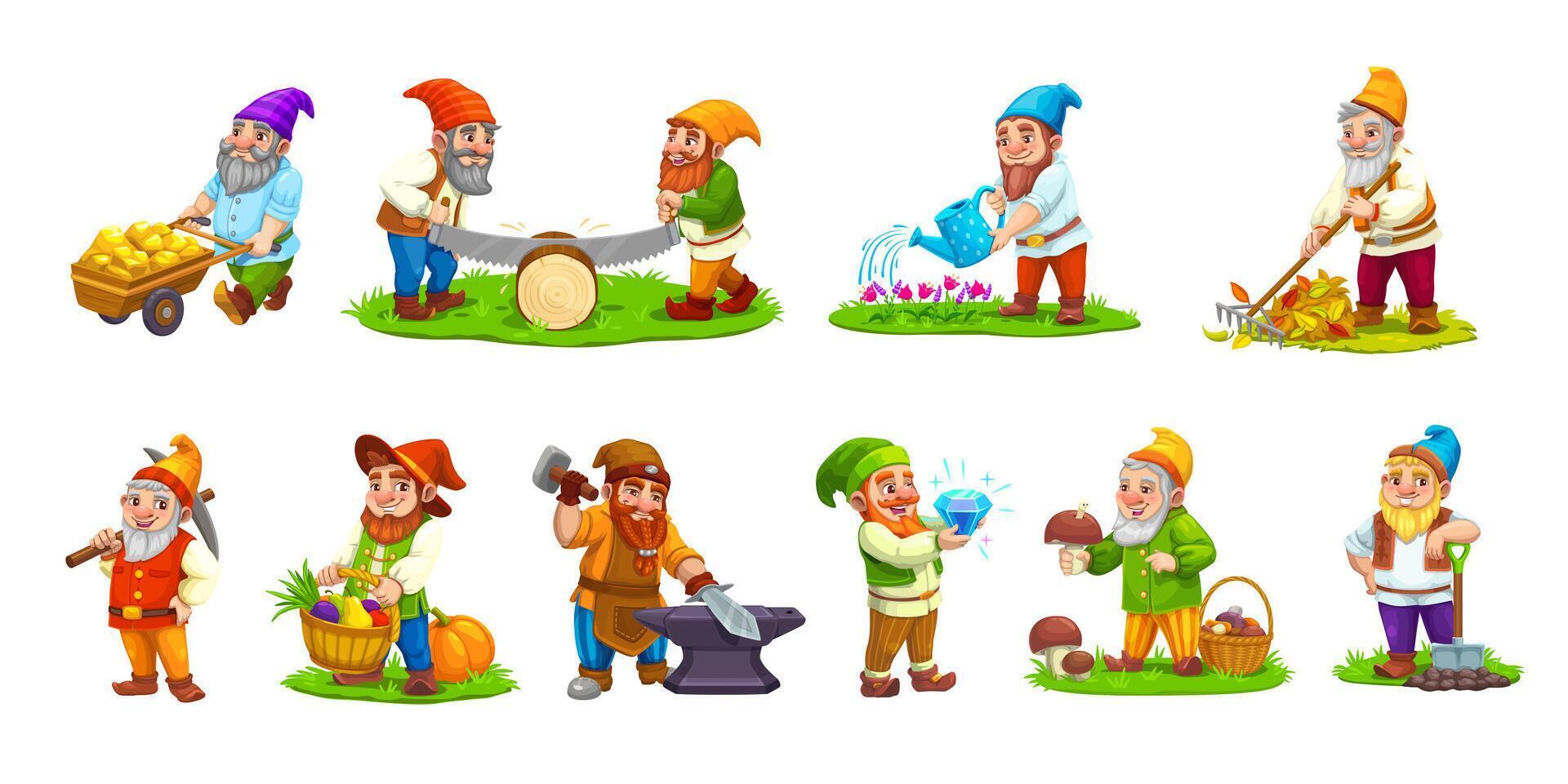 Cartoon gnome dwarf characters, flowers, mushroom vector