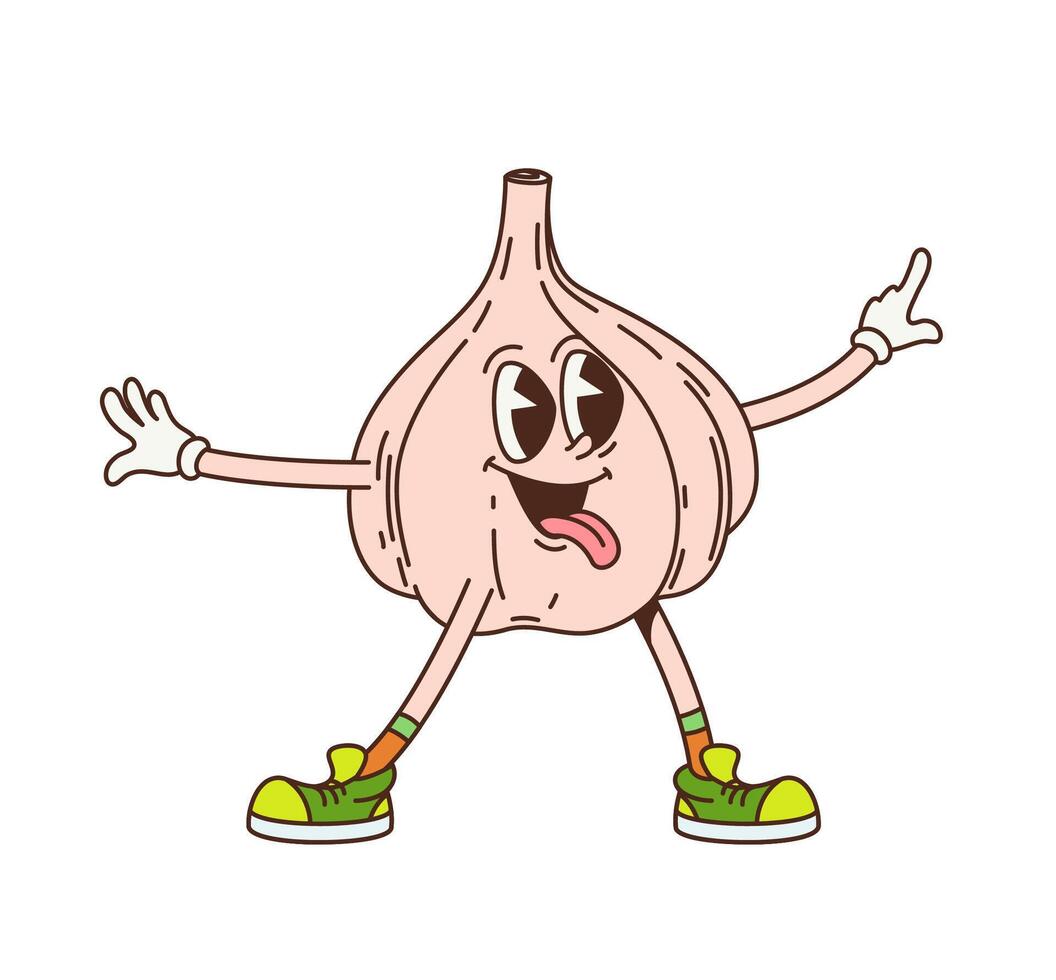 Cartoon groovy garlic cheerful vegetable character vector