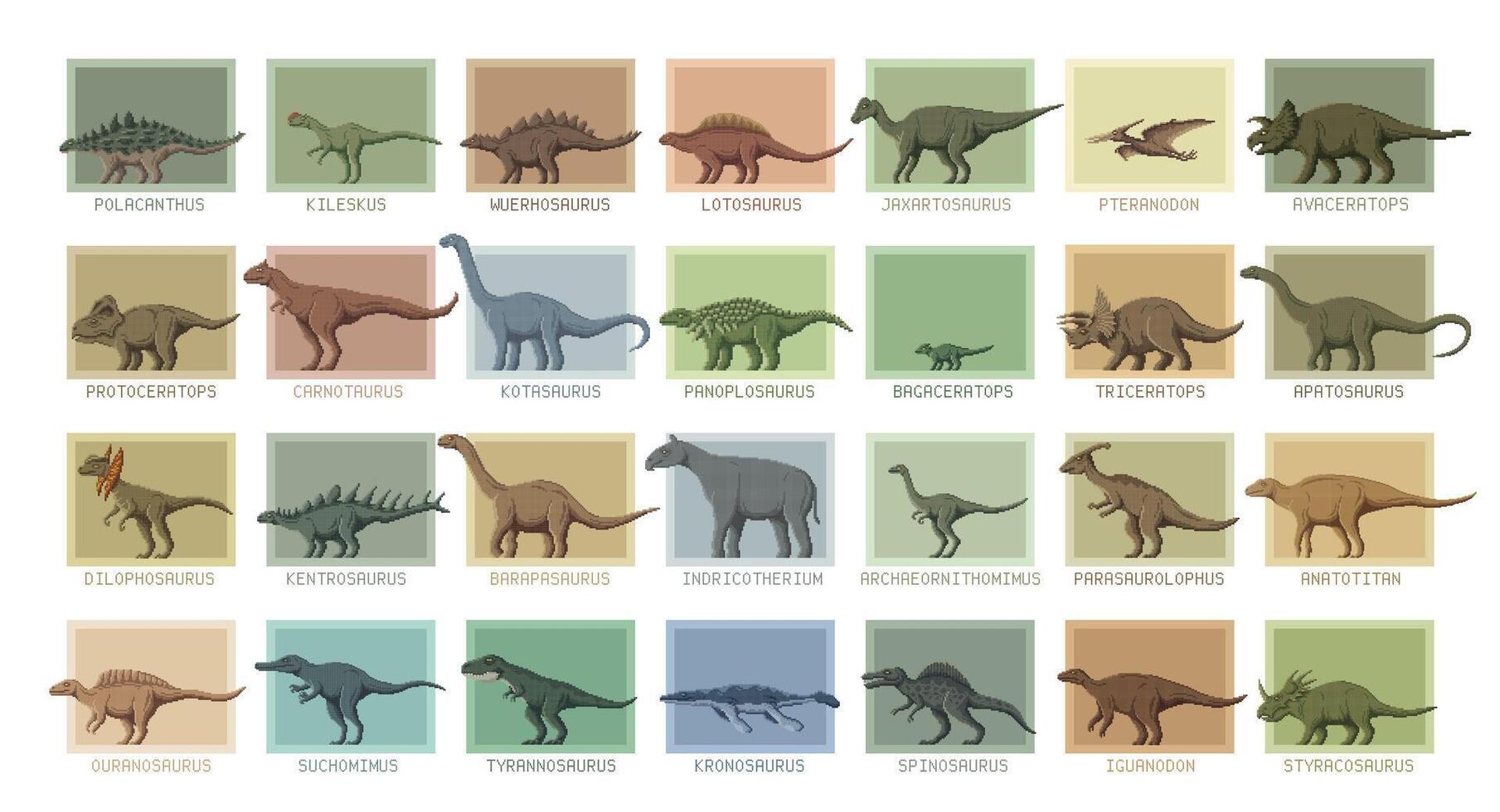 8 bit pixel art prehistoric dinosaurs and lizards vector