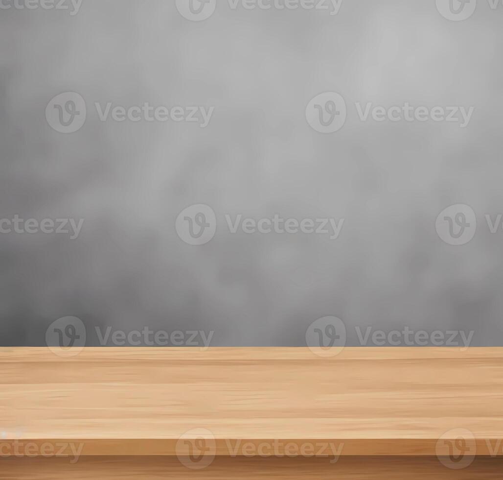 Empty wooden table with black-grey blur wall background photo