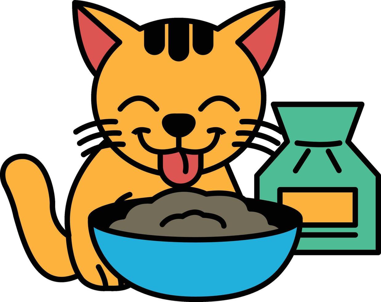 A cartoon cat is eating from a bowl of food vector