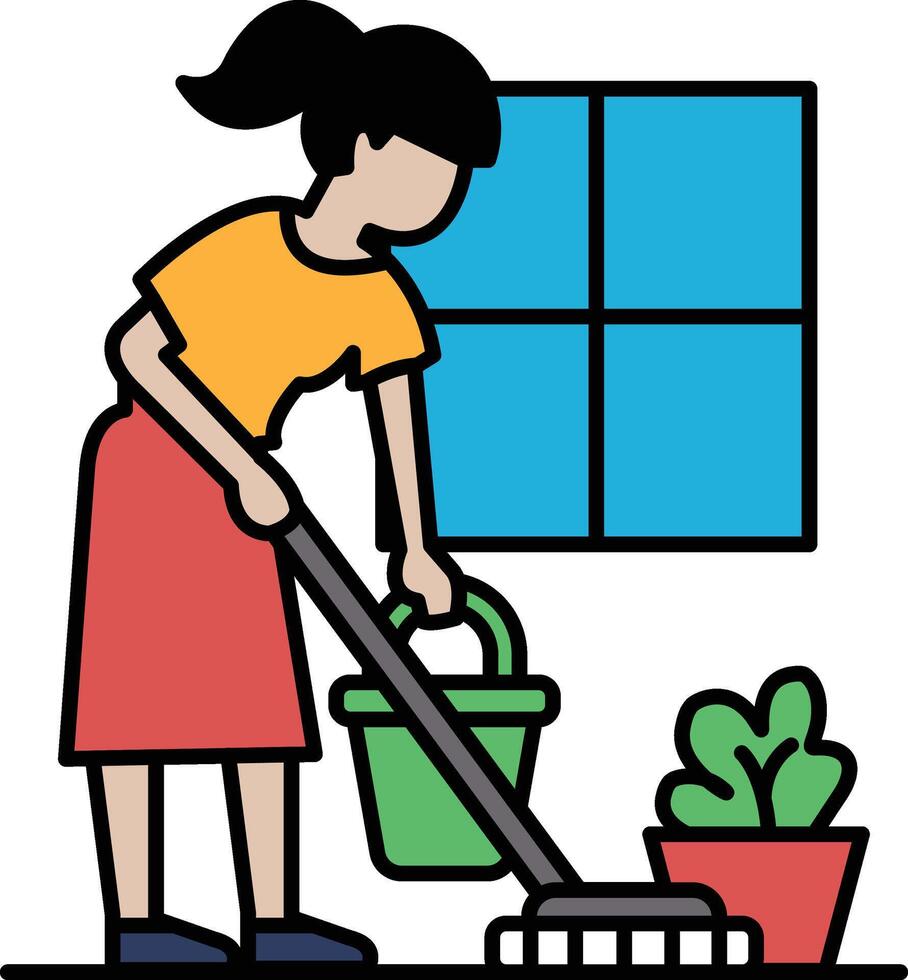 A woman is cleaning a room with a green bucket and a green mop vector