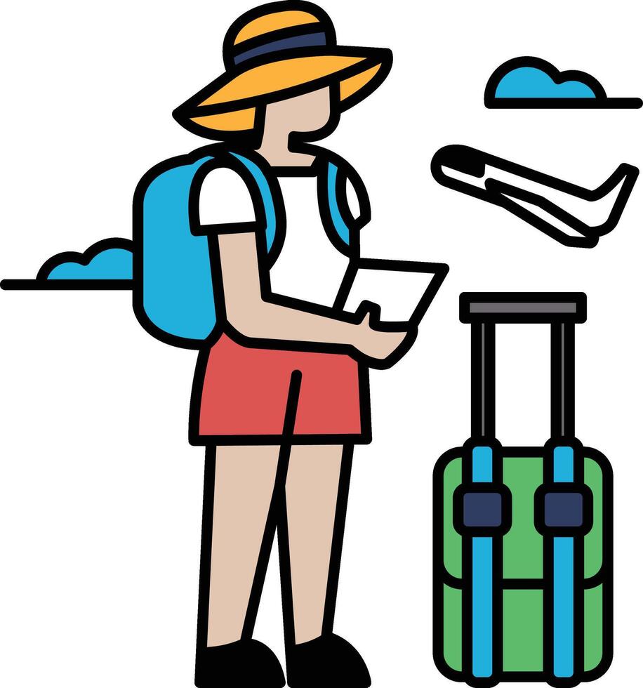 A woman is standing with a suitcase and a hat on vector