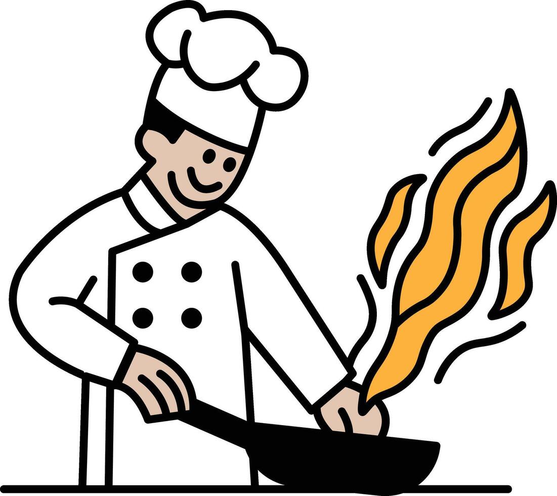 A chef is cooking food in a pan with flames vector