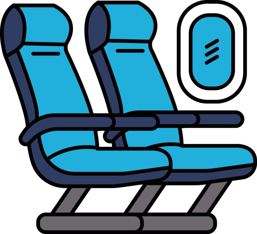 A cartoon drawing of two blue airplane seats with a window in the middle vector