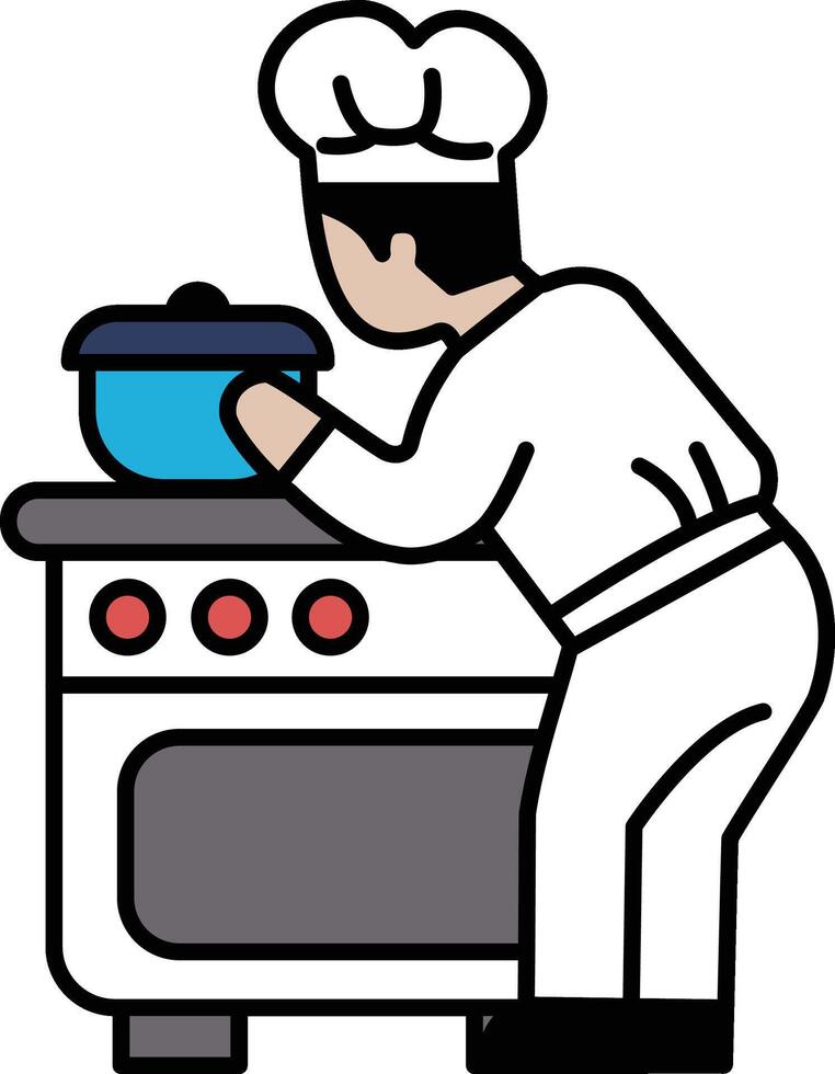 A chef is cooking in a kitchen with a pot on the stove vector