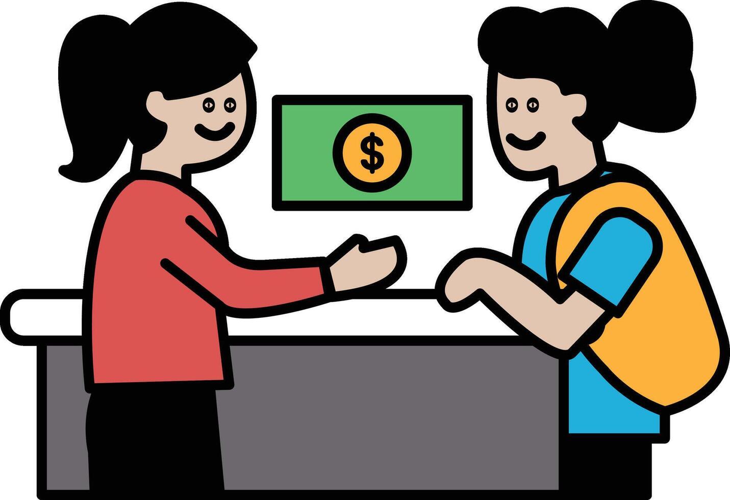Two women are exchanging money at a counter vector