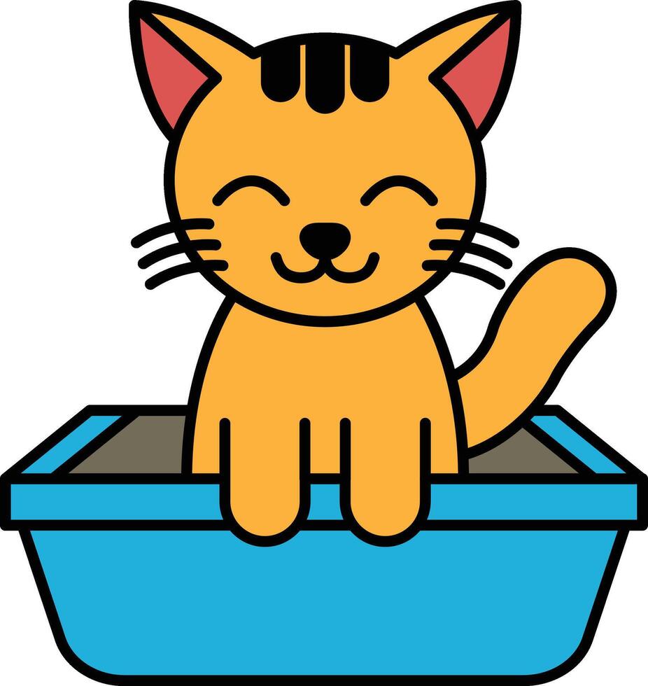 A cartoon cat is sitting in a blue litter box vector