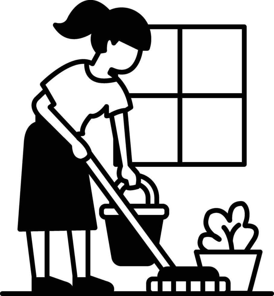 A woman is cleaning a room with a bucket and a mop vector