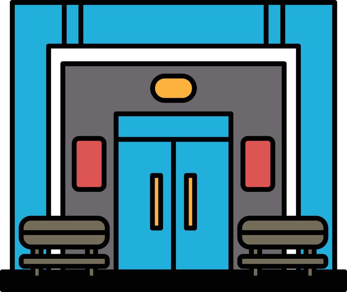 A blue and gray building with a red sign on the door vector