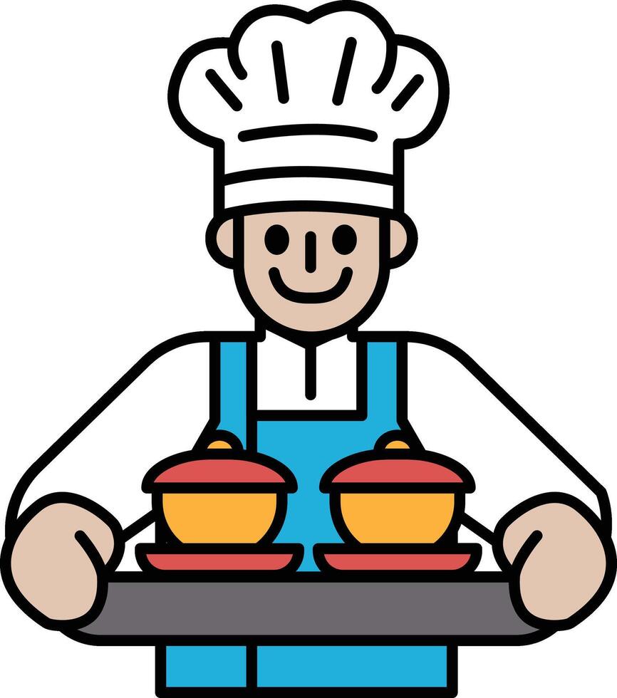 A chef is holding a tray with two bowls on it vector