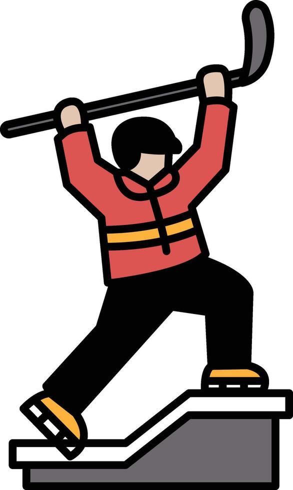 A cartoonish drawing of a man in a red jacket holding a hockey stick vector