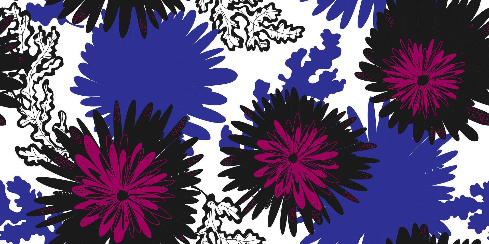 a floral pattern with black and purple flowers vector