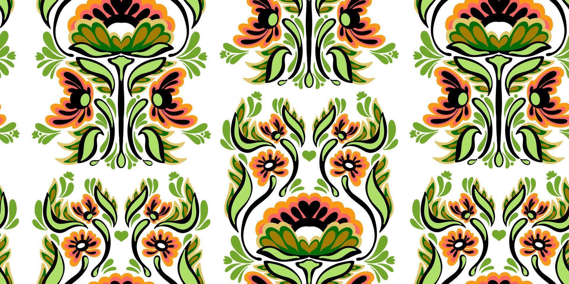 a pattern with green, orange and black flowers vector