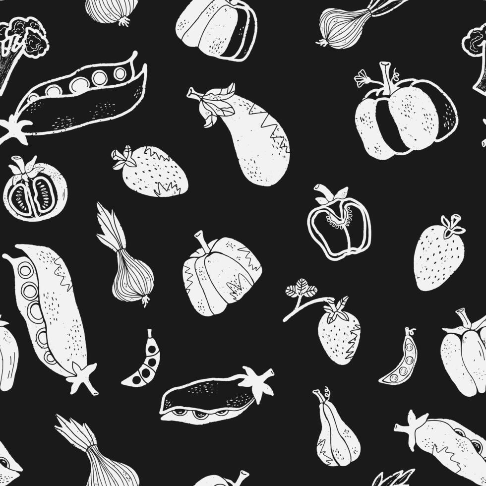 seamless pattern with vegetables and fruits on black background vector