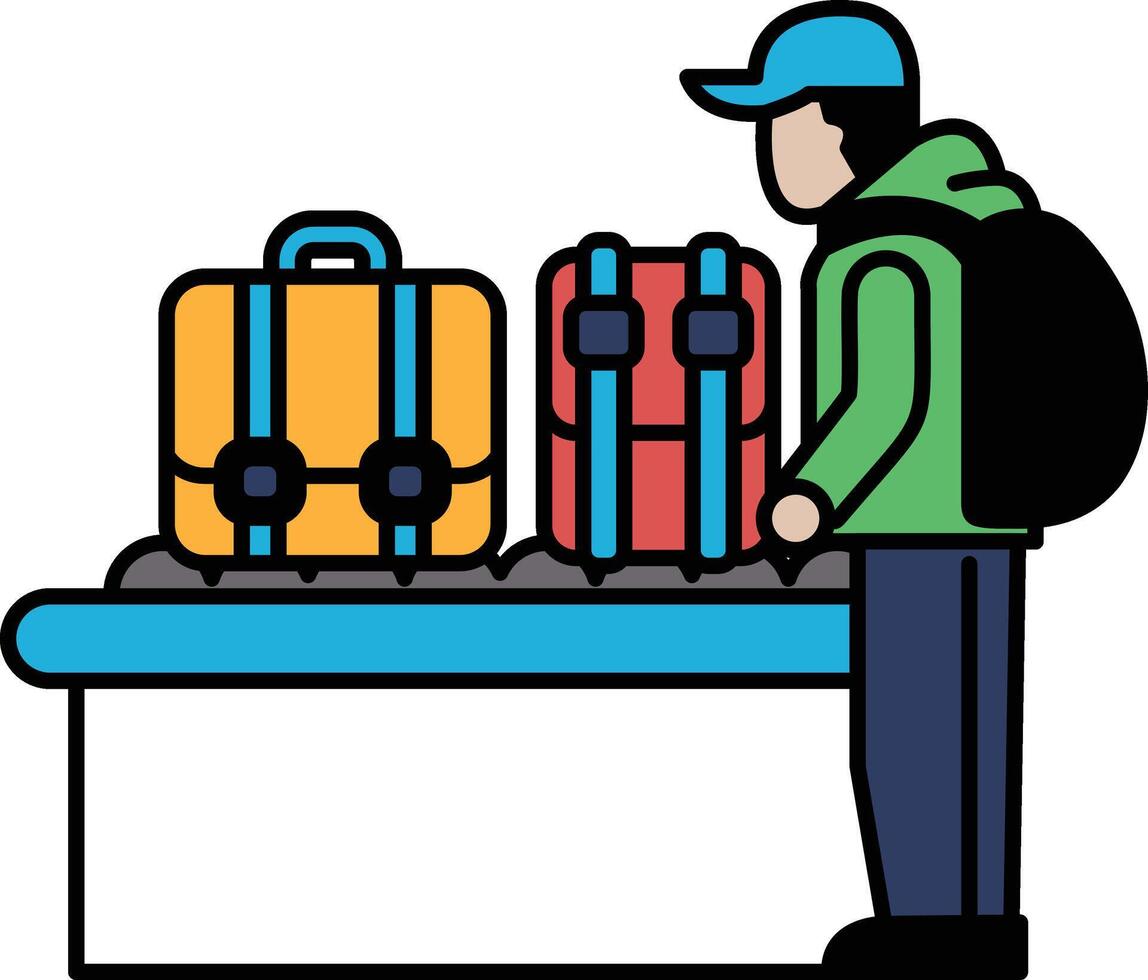 A man is standing in front of a luggage carousel, looking at his luggage vector