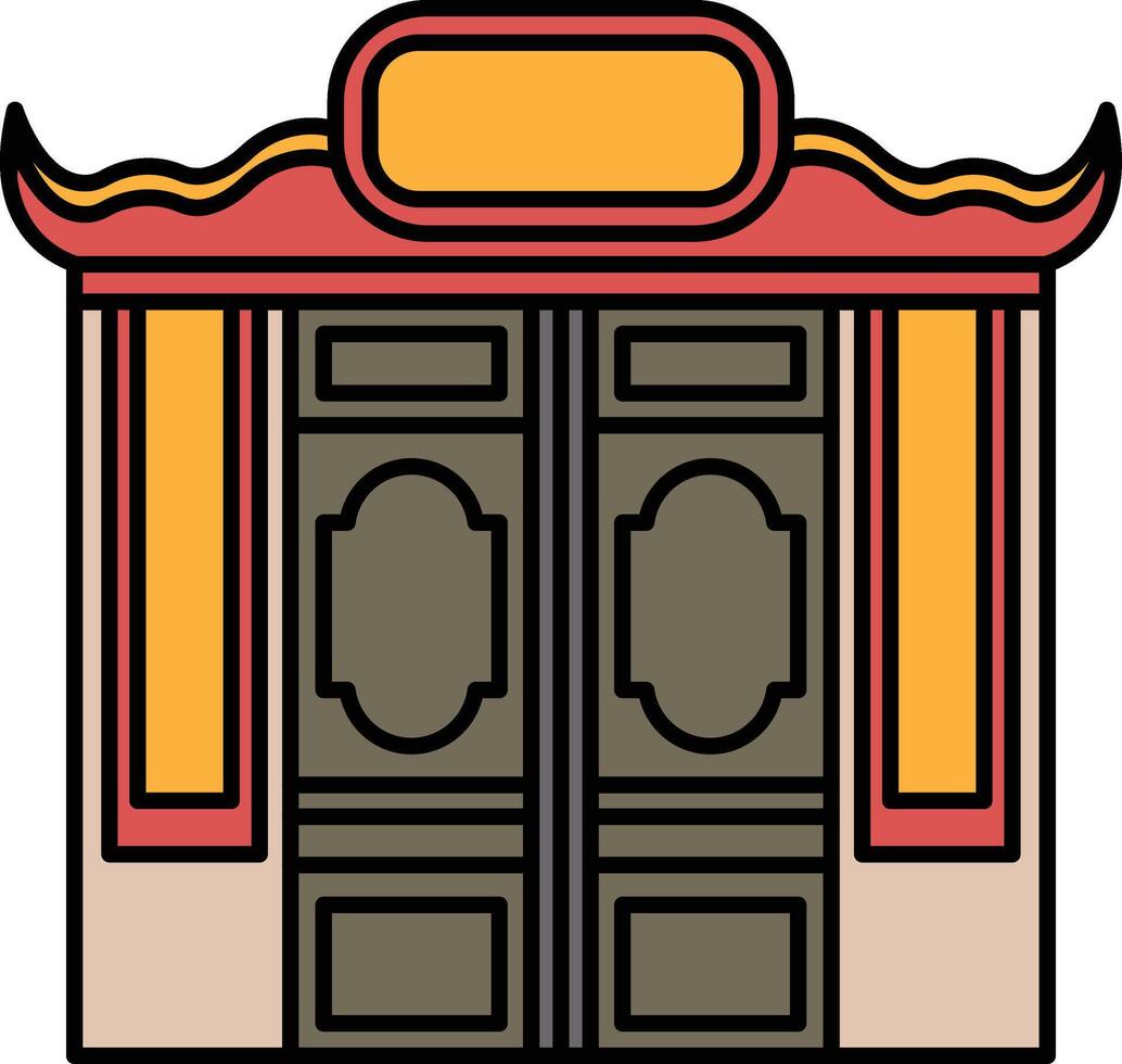 A building with red and yellow accents and a large orange sign vector