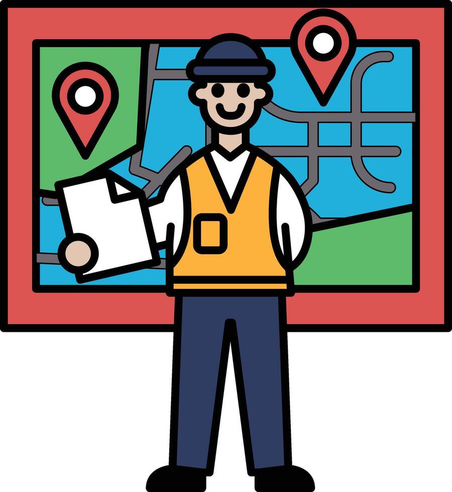 A man in a yellow vest stands in front of a map vector