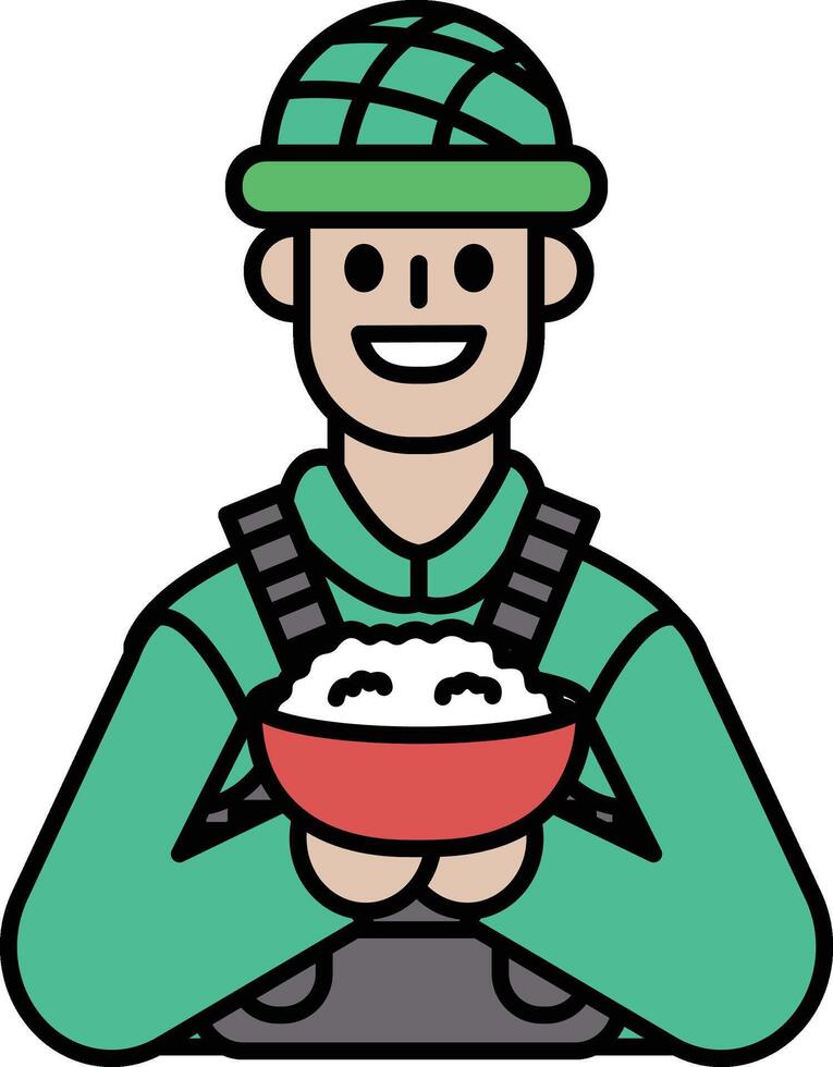 A soldier in a hat is holding a bowl of rice vector