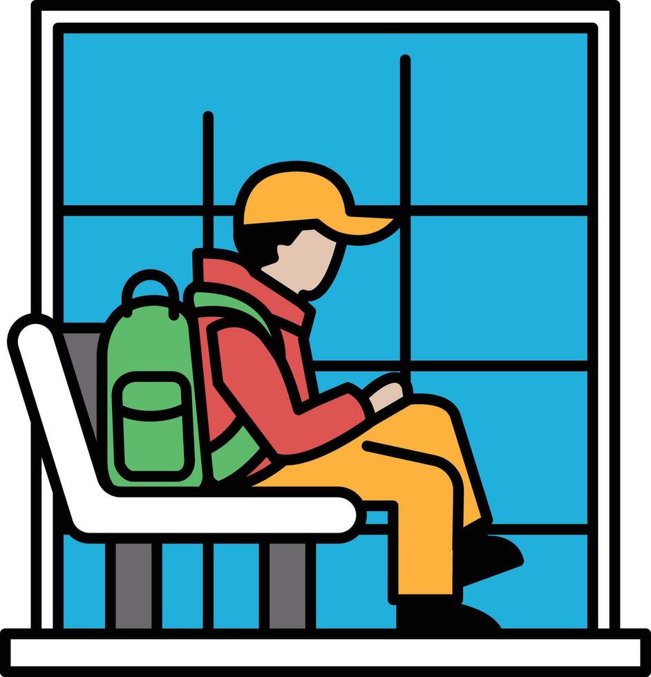 A man sits on a bench with a backpack on his lap vector