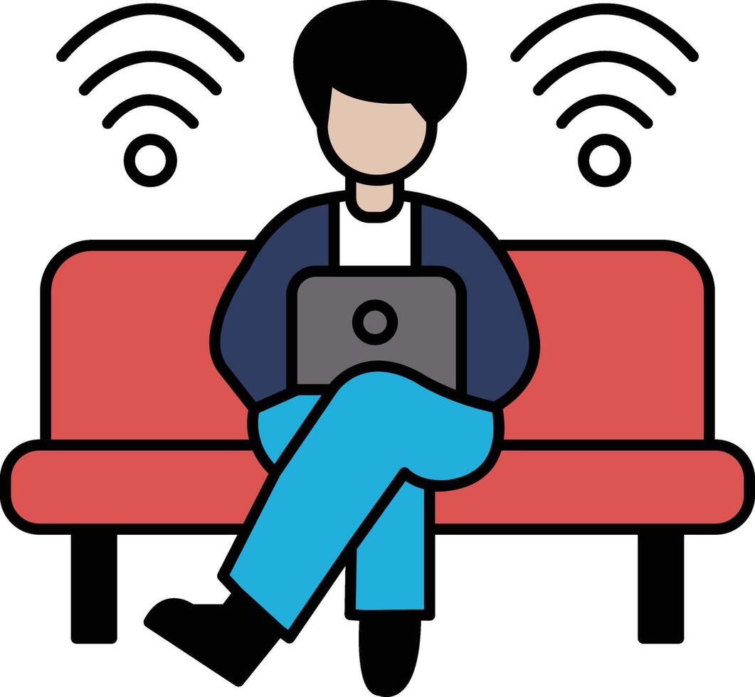 un hombre es sentado en un rojo sofá y utilizando un ordenador portátil vector