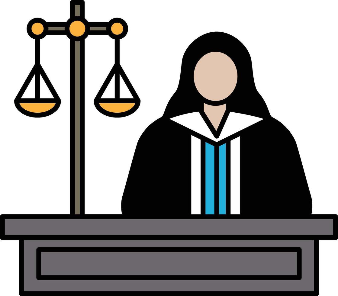 A lawyer in a black robe stands in front of a scale of justice vector