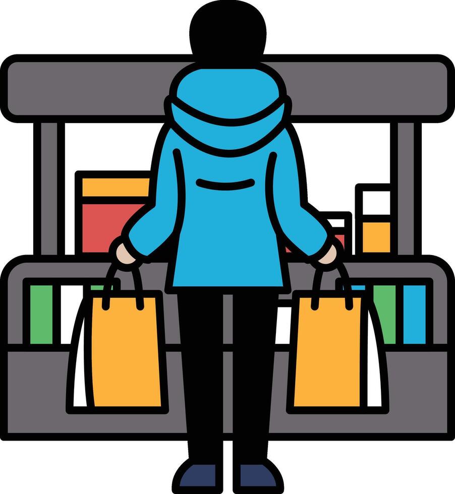 A man is standing in front of a grocery store with a blue jacket on vector