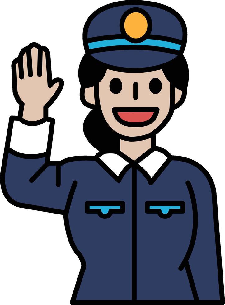 A woman in a blue uniform is waving to the camera vector