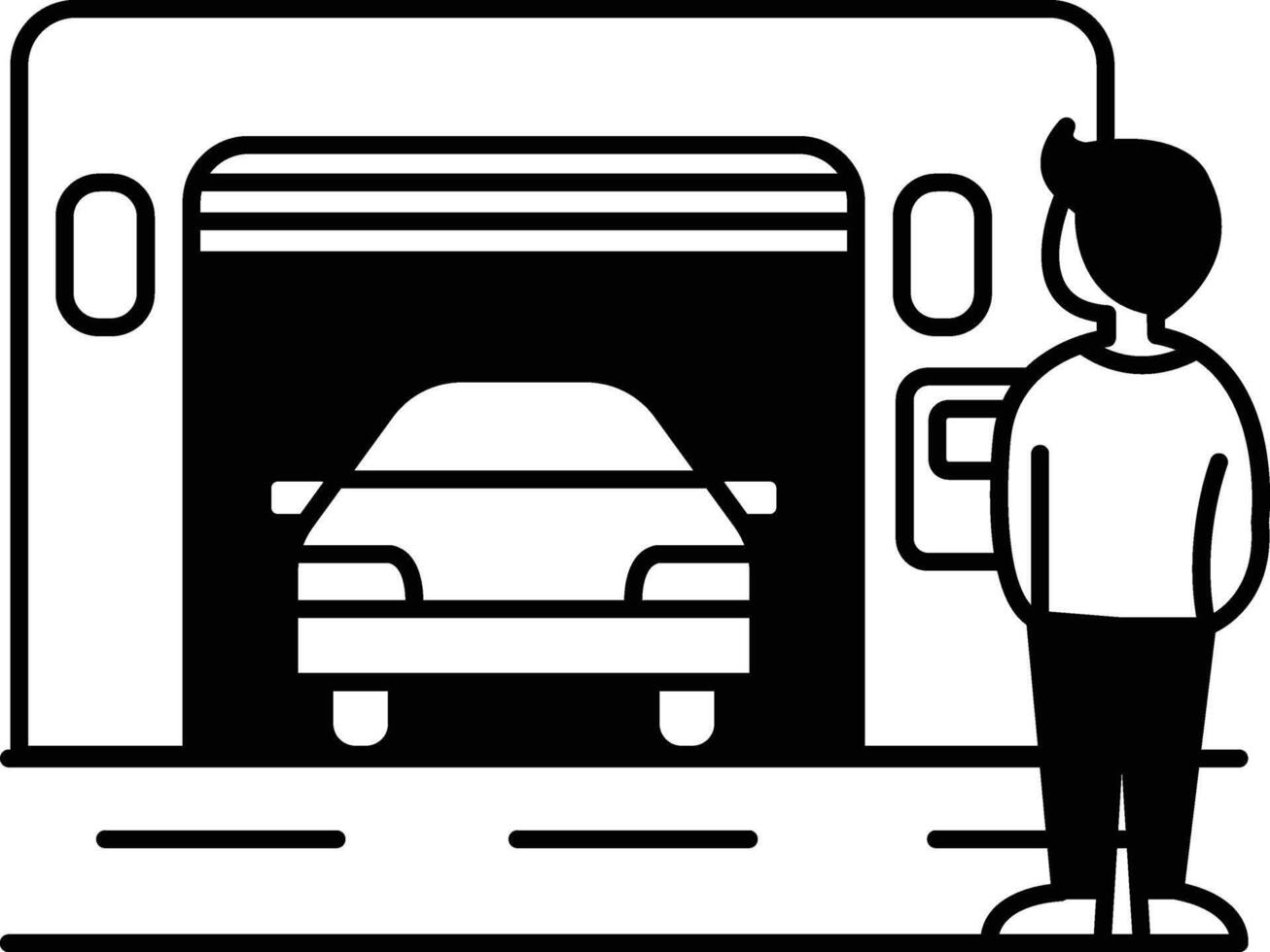A man is standing in front of a car in a garage vector