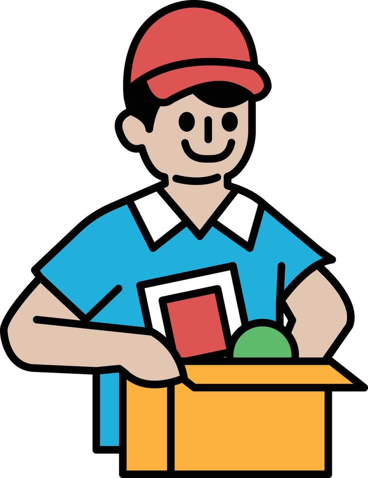 A man in a blue shirt is smiling and holding a box vector