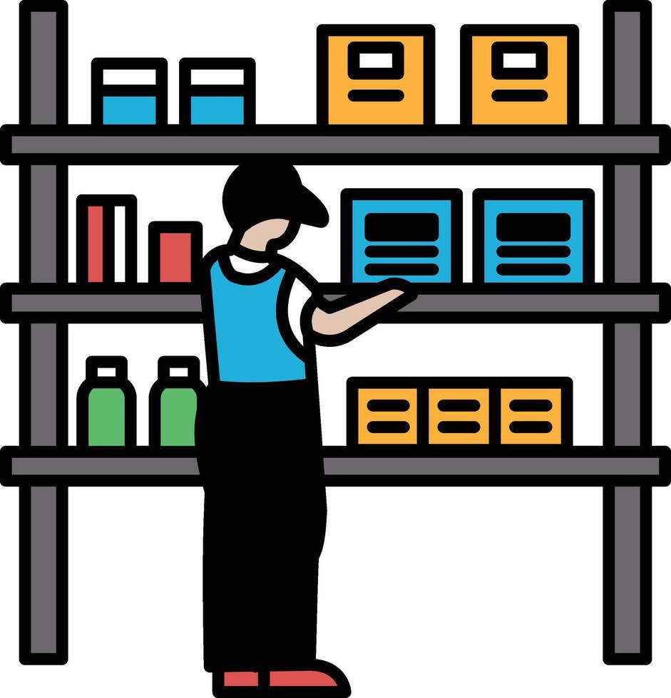 A man is standing in a store aisle looking at a shelf with various items vector