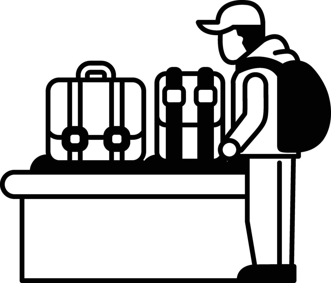 A man is standing in front of a luggage carousel, looking at his luggage vector