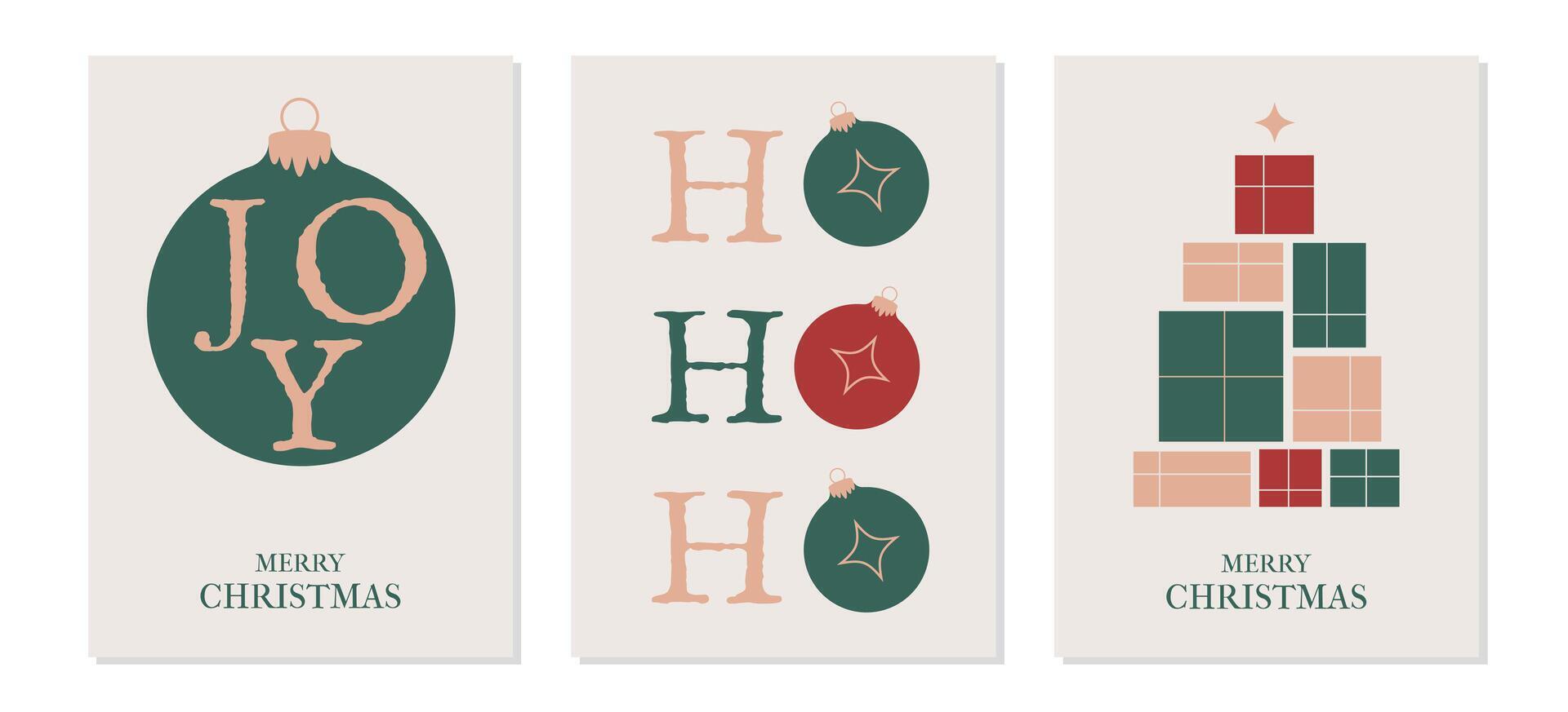Modern poster set Merry Christmas tree with gift boxes, Xmas ball and ho ho joy greeting text letter in trendy style. Happy New Year cards. Minimalist concept web design, social media banner, template vector