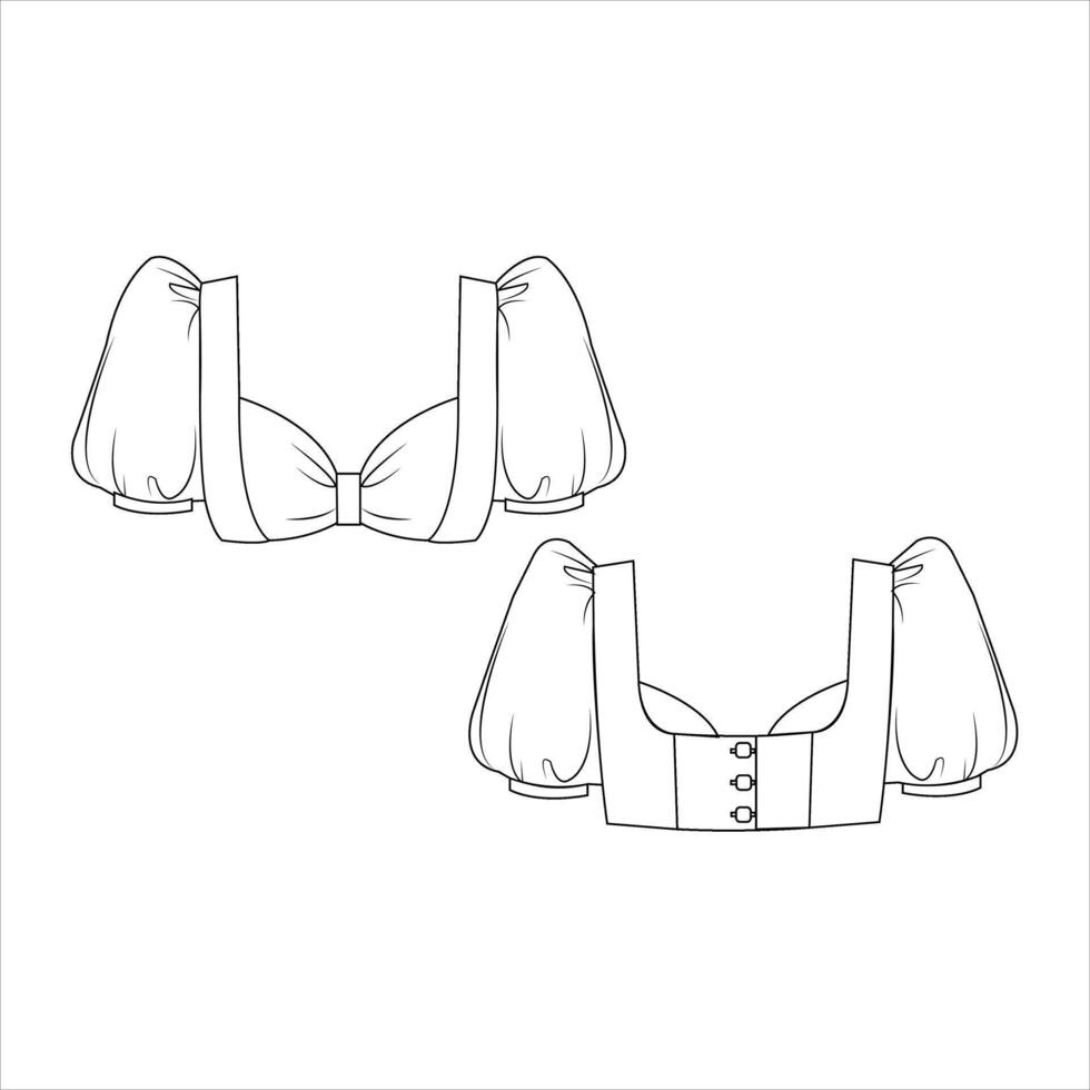 Tops technical fashion illustration with front and back short puffy sleeves, shoulders vectorwhite color vector