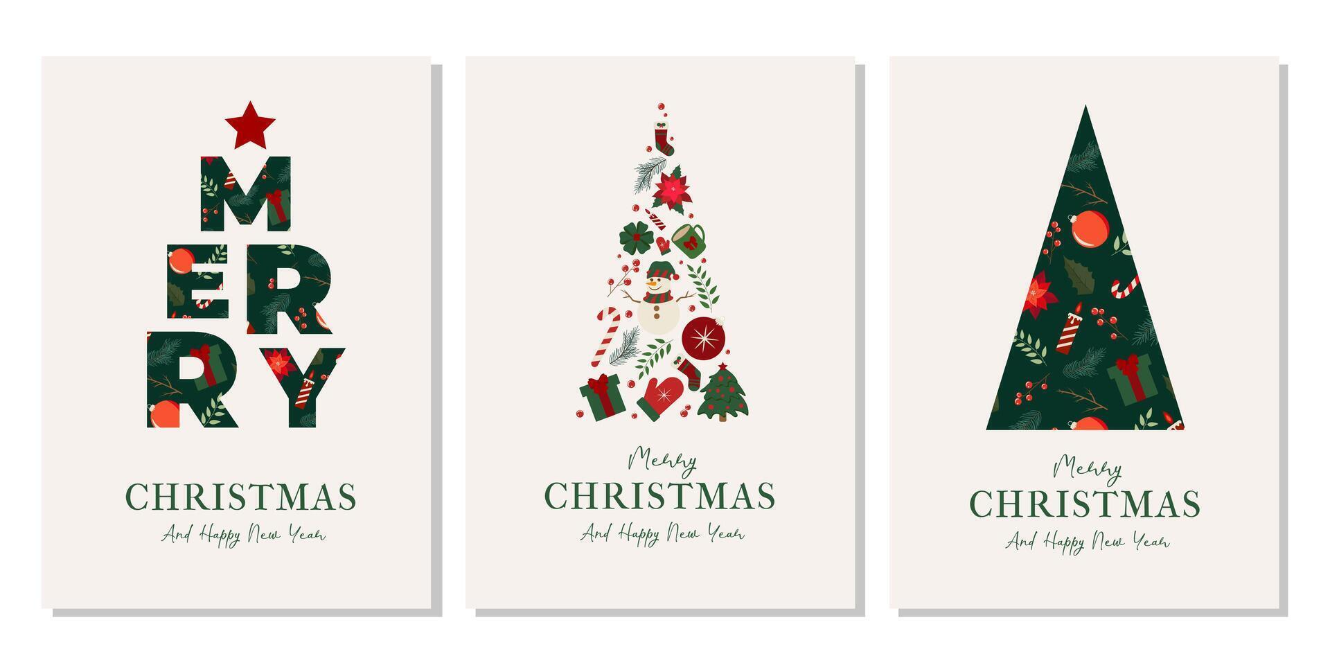 Trendy poster set Xmas tree and greeting text lettering in modern style. Illustration Modern Merry Christmas, Happy New Year cards. Minimalist concept web design, social media banner, template. vector