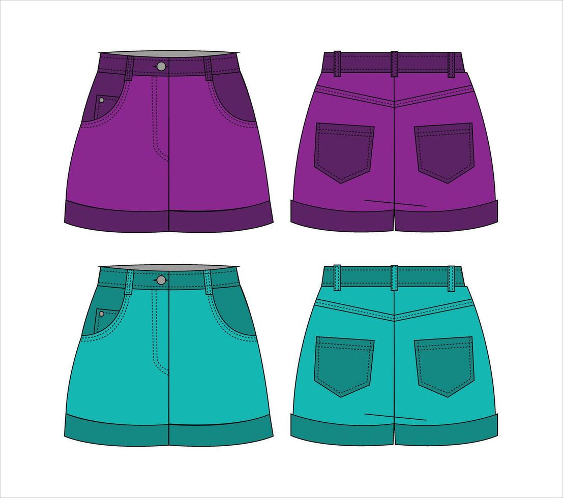 shorts Jean Shorts Flat Technical Drawing Illustration Five Pocket Classic Blank Streetwear Mock-up Template for Design vector