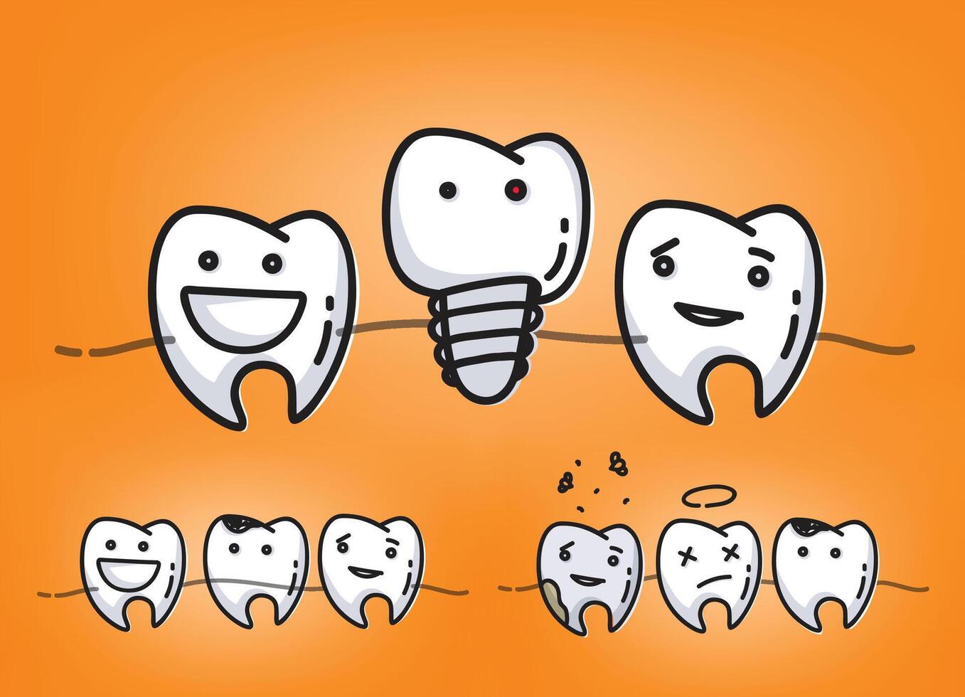 Set of small comic teeth characters scenes, drawing on juicy orange background. vector